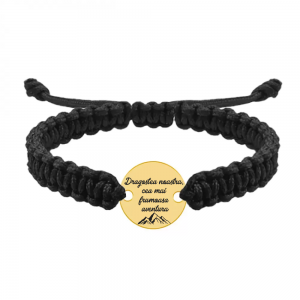 Bratara argint banut 16 mm si snur negru impletit - personalizata cu text - placat cu aur galben de 24 karate